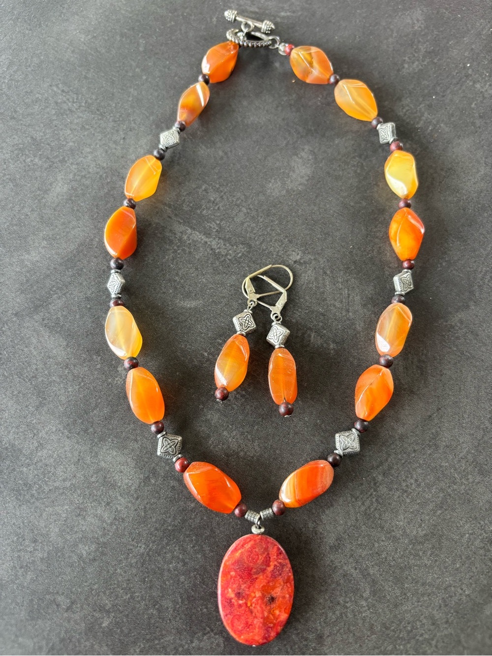 Orange Agate Pendant Necklace and Earring Set